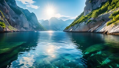 Beautiful bay scenery, clear water and steep mountains complement each other, and sunshine shines on the water, creating a dreamy natural scenery.