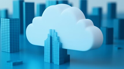Fototapeta premium Cloud-based operations, digital cloud over skyscrapers, seamless connectivity, 3D illustration