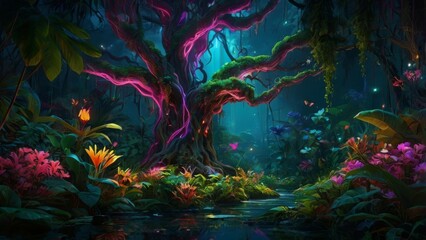 Fototapeta premium A magical forest scene with a glowing tree.