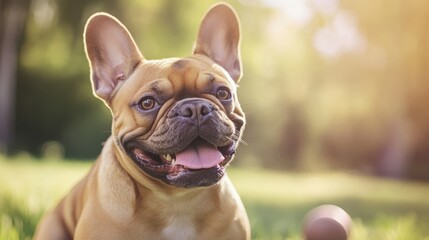 Fototapeta premium In a sunny park outdoors or outside, a happy French bulldog plays with a ball. Wildlife activity in nature.
