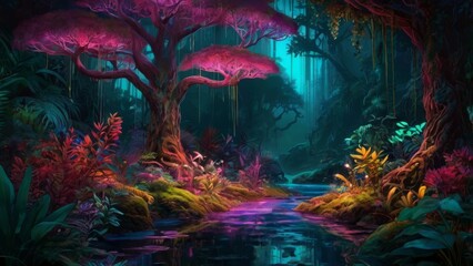 Obraz premium Magical forest with a glowing river.