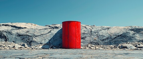 Red Barrel Against Rocky Landscape