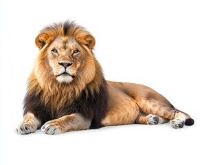 Obraz premium Lion lying down in front of transparent background, king of the jungle, danger, power, big, big lion resting and relaxing.