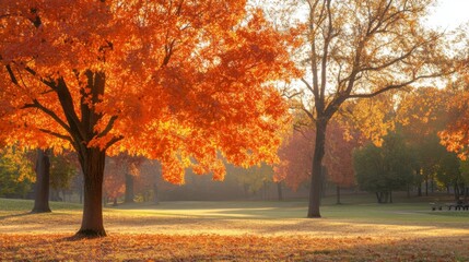An orange autumn landscape with trees displaying vibrant fall foliage, casting a warm glow over a serene park scene.