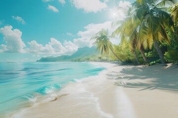 Obraz premium A side view of a beautiful tropical beach scene, showcasing palm trees