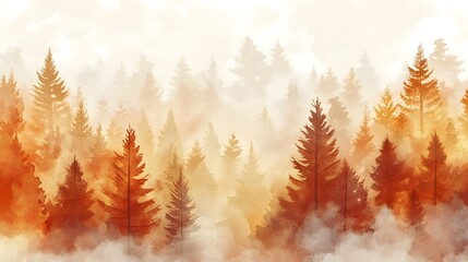 A watercolor illustration of trees in autumn colors, set against an abstract background