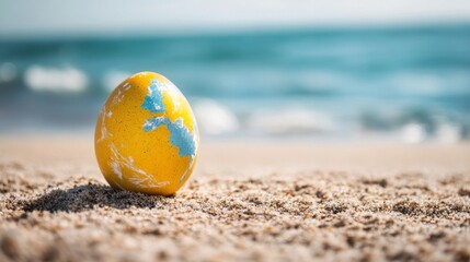 Obraz premium Blue planet earth globe on ocean sea sand beach, copy space. Nature ecology during summer vacation.