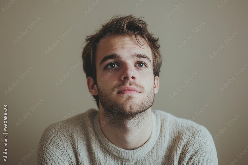 Fototapete the man appears lost in thought, looking up with a serious expression, suggesting deep contemplation