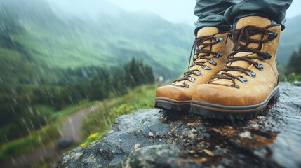 Comfortable hiking boots stand on a rock backdrop of rainy day in mountain with copy space area. Concept of equipment for hiking. Template for sales poster, insurance, blog, cover, social media