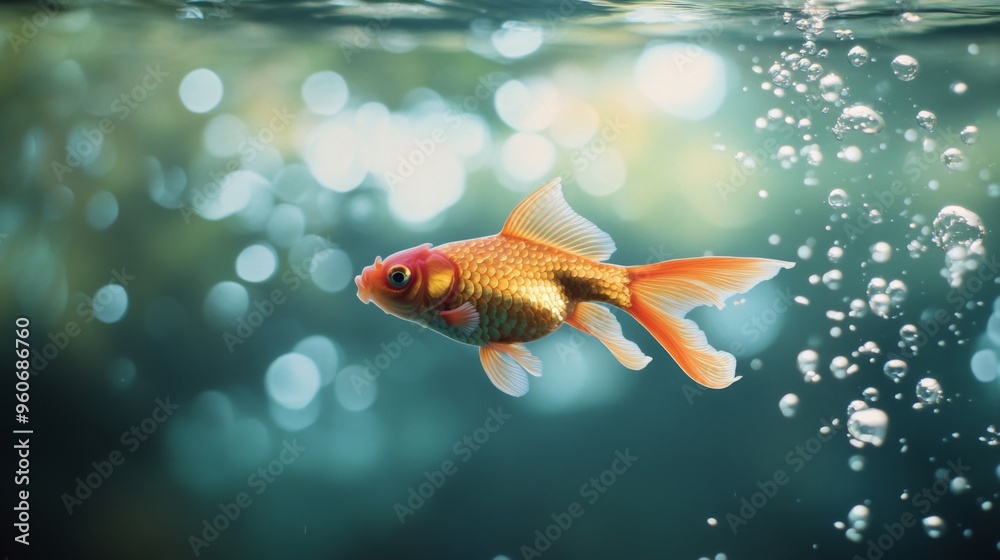Poster an underwater shot of a goldfish gliding through water, with a background of bubbles and a soft-focu
