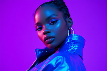 Fashion Portrait of Woman in Bright Blue Jacket with Solid Neon Purple Background Trendsetting Lifestyle Look with Bold Colors