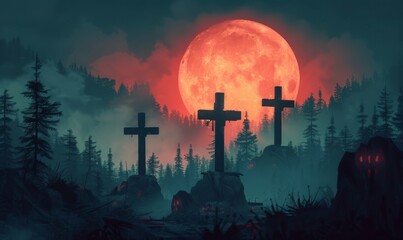 A haunting night with a blood-red moon illuminating grave markers in a misty forest at dusk, creating an eerie atmosphere perfect for chilling tales