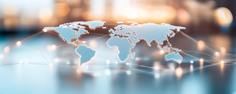 Fototapeta Global business strategy, world map with connected nodes, 3D illustration