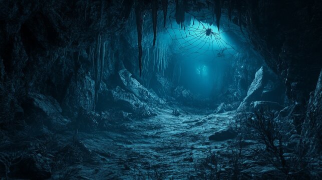 A Spider's Web in a Dark, Stalactite-Filled Cave