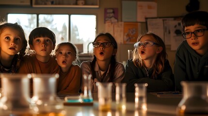A group of children watch in amazement as their teacher demonstrates a science experiment.
