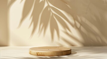 Wooden podium with leaf shadow on beige background for cosmetics promotion.
