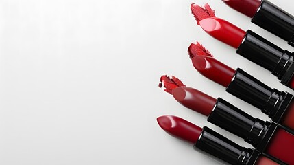 Red lipsticks in a row on white background. Beauty and makeup concept with copy space. Professional cosmetic products for advertising, banner, or makeup tutorial marketing materials