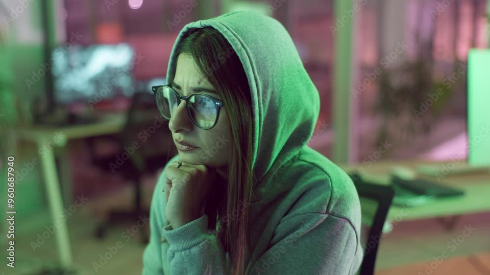 Leinwandbilder Office, hacking and woman in information technology with monitor for cyber crime, system or fraud. Company, data hacker and theft with network breach for unauthorised, server access or malware attack