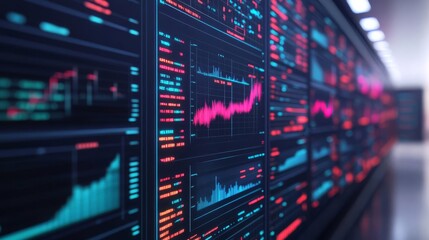 Obraz premium Market research, data analysis on large screen, futuristic tech, 3D illustration