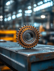 A single gear on a metal workbench in an industrial workshop.