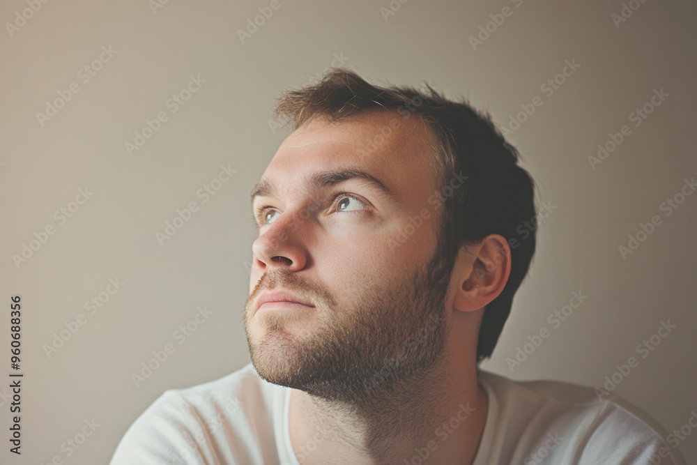 Poster a thoughtful man with a serious demeanor looks up, lost in deep contemplation, surrounded by warm li