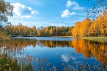 Fototapeta premium Stunning Autumn Landscape with Vibrant Foliage and Serene Lake