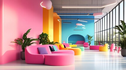 Office rebranding, new interior design with vibrant colors, 3D illustration
