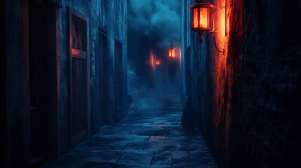 Fototapeta premium Dark and Foggy Alleyway with Glowing Lanterns