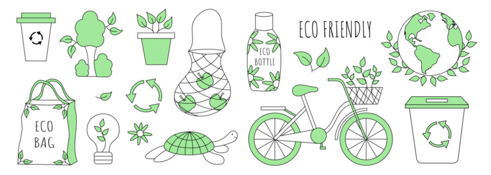 Eco friendly set of elements. Eco products, bottle, bag, bicycle. Zero waste. Go green. Vector illustration