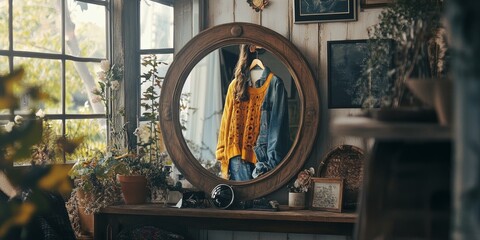 A woman reflected in a round mirror, wearing a yellow