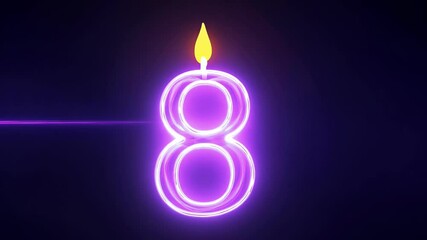 Glowing number 8 in purple neon with a candle flame on top, against a dark background. Concept of celebration, anniversary, birthday, and futuristic design