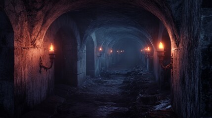 A dimly lit stone corridor with flickering candles and a foggy path