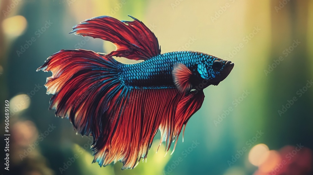 Poster Close-up of a Betta fish with a mesmerizing array of colors and delicate fins, swimming elegantly through a well-decorated aquarium environment.