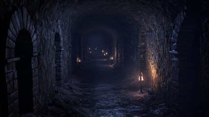 Fototapeta premium A Dark and Mysterious Stone Tunnel Lit by Torches