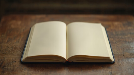 Fototapeta premium Open book with blank pages on a wooden table.
