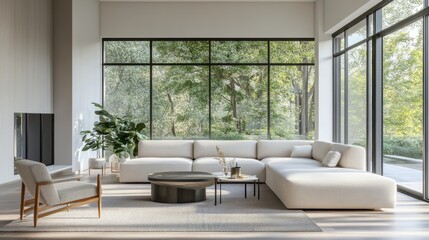 Close-up of a beautifully designed minimalistic living room featuring sleek furniture, a monochromatic color scheme, and plenty of natural light.