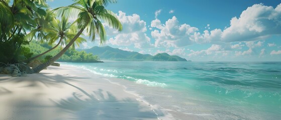 A side view of a stunning tropical beach featuring palm trees and vibrant turquoise sea water. 