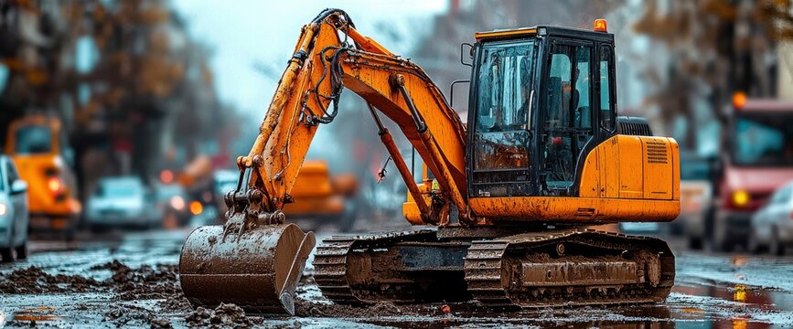 Excavator Working on a Muddy Road