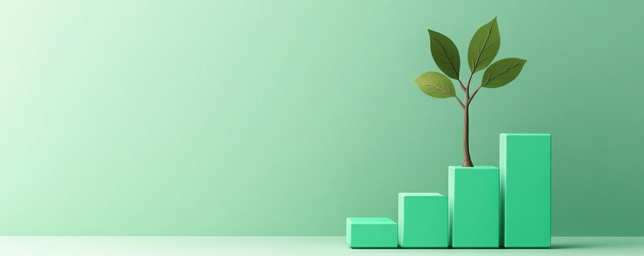 Sustainable growth, tree sprouting from business graph, eco-friendly theme, 3D illustration