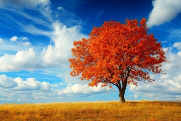 Lone Tree with Bright Orange Leaves Under a Blue Sky