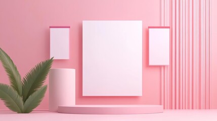 Virtual event hosting, digital stage with brand banners, 3D illustration