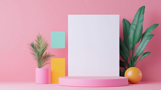 Virtual event hosting, digital stage with brand banners, 3D illustration