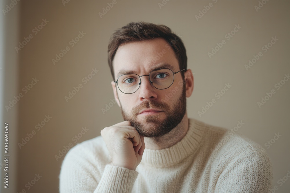 Aufkleber the man reflects deeply, resting his chin on his hand as he displays a serious demeanor in a softly 