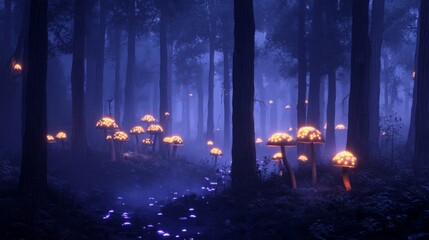 Fototapeta premium Luminous Mushrooms Illuminating a Foggy Forest Path