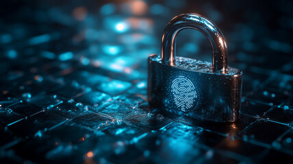 A padlock with a fingerprint on a digital surface.