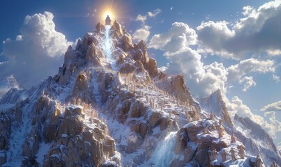 Majestic mountain peak glimmers under the radiant sun, surrounded by billowing clouds and glistening snow, inviting adventurers and dreamers alike to explore its ancient mysteries