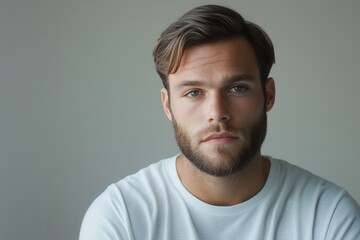 Obraz premium A young man sits quietly, reflecting with a serious expression and thoughtful gaze, surrounded by soft, natural light. Generative AI