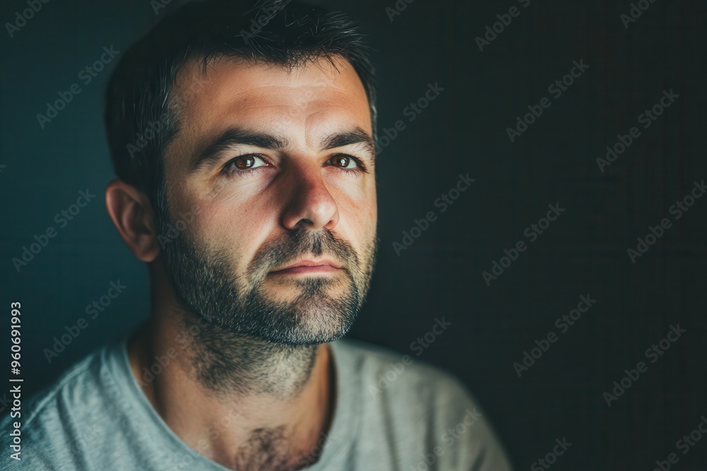 Aufkleber a man appears deep in thought, his serious expression illuminated softly, hinting at a moment of ref