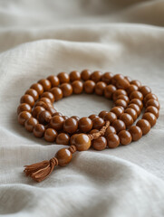 Obraz premium Close-up of wooden prayer beads on a linen fabric.
