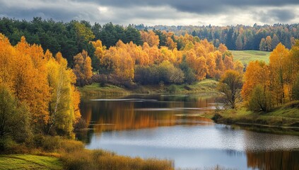 Fototapeta premium Stunning Autumn Landscape with Vibrant Foliage and Serene Lake
